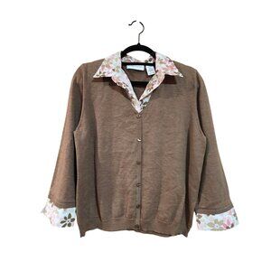 Alfred Dunner Brown Cardigan Floral Collar & Cuffs  Womens Size M
